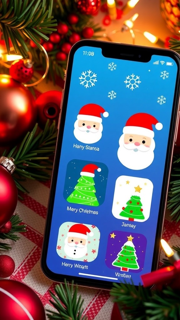 Cute Christmas wallpaper widgets on a smartphone screen with festive designs.